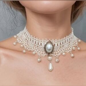 Elegant White Pearl Lace Choker Necklace
